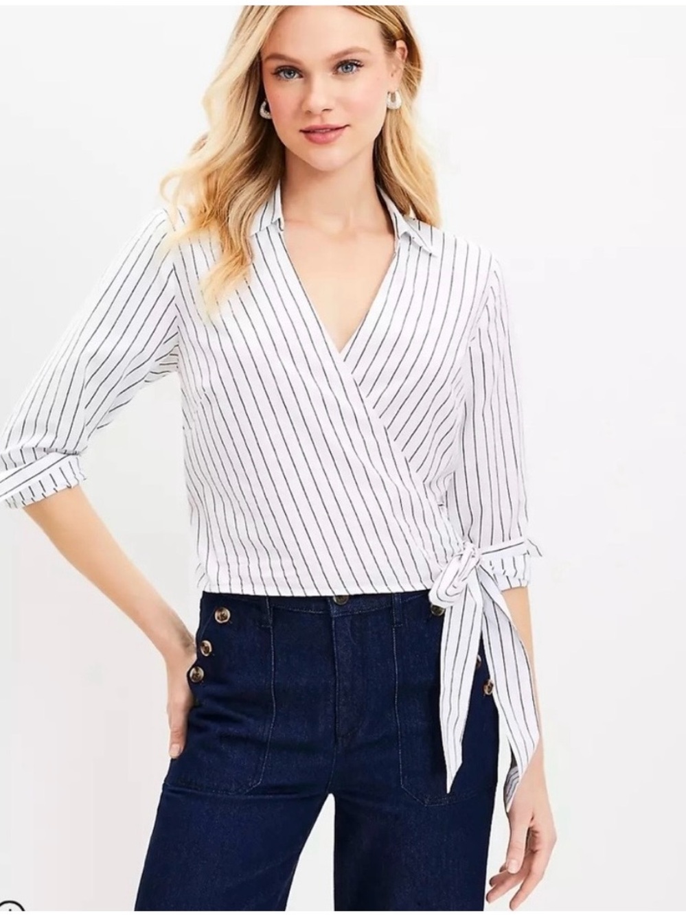 LOFT White Striped Wrap Tie Blouse